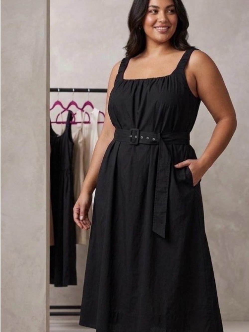 Sleeveless Black Belted Midi Dress - Women